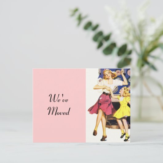 はがきレトロおもしろいママ娘が新しいアドレスを移動 案内ポストカード (スタンド正面)