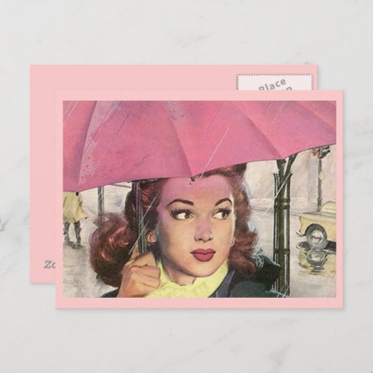 はがきレトロ雨の日シャワー&ピンク傘 ポストカード (正面/裏面)