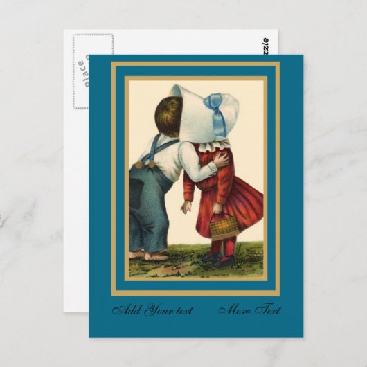 はがきヴィンテージかわいい子どもキスをするティール（緑がかった色） ポストカード (正面/裏面)