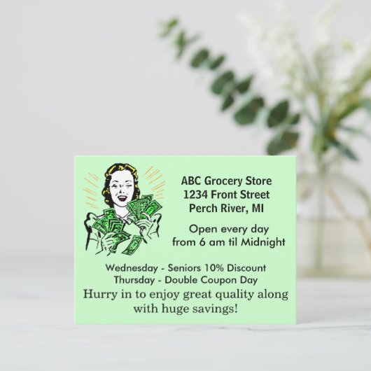 はがきヴィンテージレトロハッピーレディーマネーの節約 ポストカード (スタンド正面)