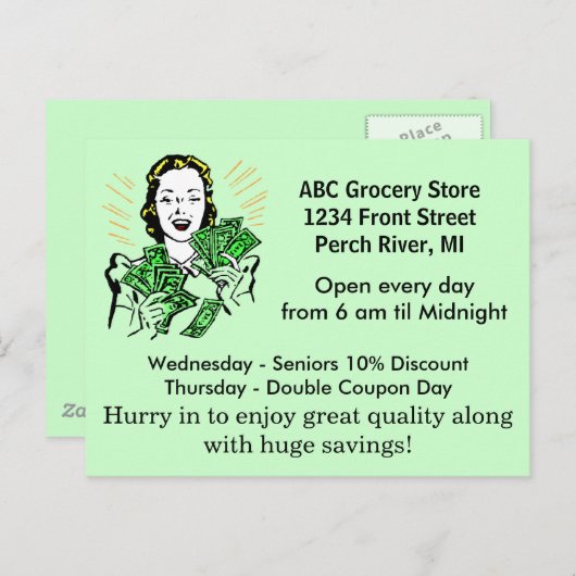 はがきヴィンテージレトロハッピーレディーマネーの節約 ポストカード (正面/裏面)