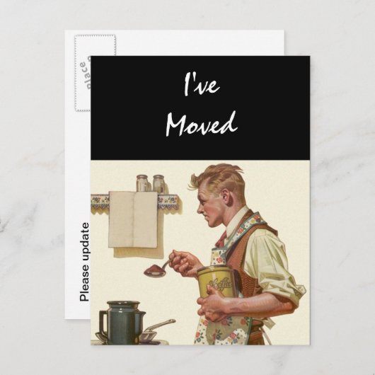 はがきヴィンテージ男性Make Coffee新しいアドレスを移動 案内ポストカード (正面/裏面)