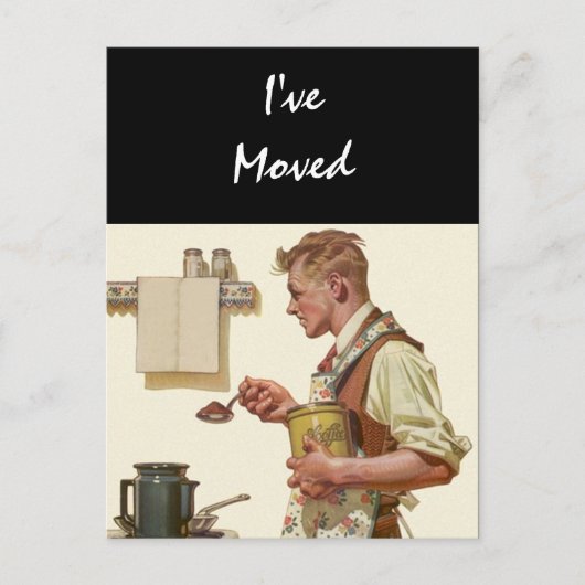はがきヴィンテージ男性Make Coffee新しいアドレスを移動 案内ポストカード (正面)