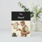 はがきヴィンテージ男性Make Coffee新しいアドレスを移動 案内ポストカード (スタンド正面)