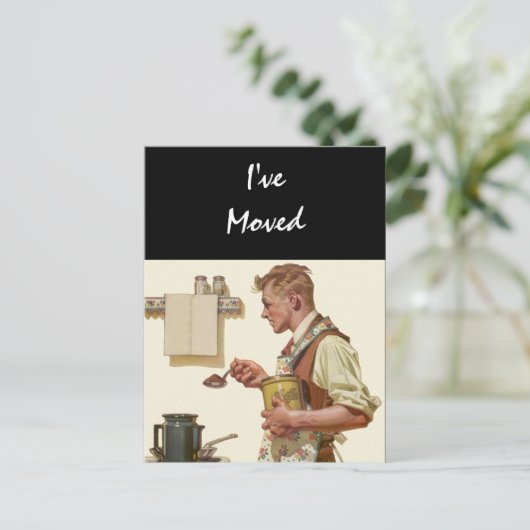 はがきヴィンテージ男性Make Coffee新しいアドレスを移動 案内ポストカード (スタンド正面)