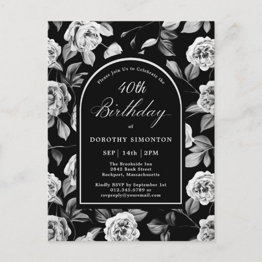 はがき招待状白黒フローラ40th誕生日 ポストカード (正面)