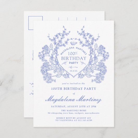 はがき100TH誕生日ブルーフローラクレスト招待状 インビテーションポストカード (正面/裏面)