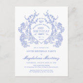 はがき100TH誕生日ブルーフローラクレスト招待状 インビテーションポストカード (正面)