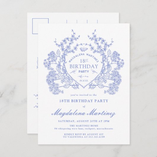 はがき18誕生日ブルーフローラクレスト招待状 インビテーションポストカード (正面/裏面)