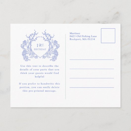 はがき19番誕生日ブルーフローラクレスト招待状 インビテーションポストカード (裏面)
