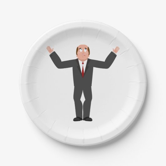 はげおもしろい頭のビジネスマンがシャリユーモアのあるグ ペーパープレート (正面)