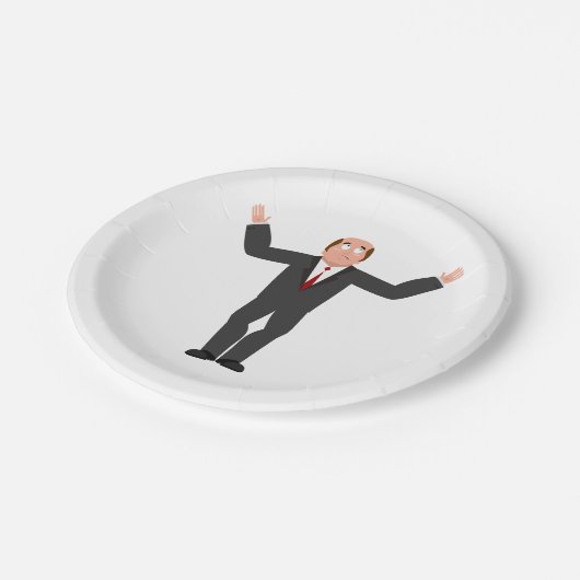 はげおもしろい頭のビジネスマンがシャリユーモアのあるグ ペーパープレート (アングル)