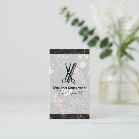 はさみコームのロゴ |黒い大理石 |花 名刺 (スタンド正面)