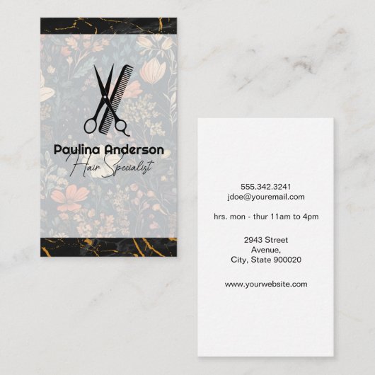 はさみコームのロゴ |黒い大理石 |花 名刺 (正面/裏面)