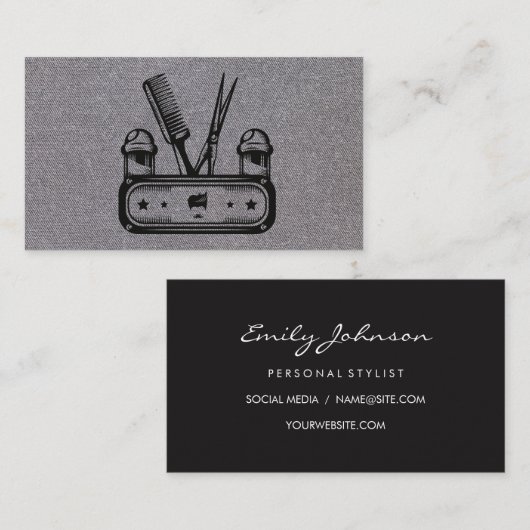 はさみコーム理容師ポール | グレーのテクスチャ 名刺 (正面/裏面)