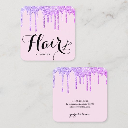 はさみモダン紫のグリッターが髪を乾かす スクエア名刺 (正面/裏面)