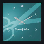 はさみ |シアン |ヘアサロン スクエア壁時計<br><div class="desc">ハサミ、白いローマ数字のペアとダークシアンの壁時計、あなたの名前またはビジネスの名前を追加するオプション。</div>