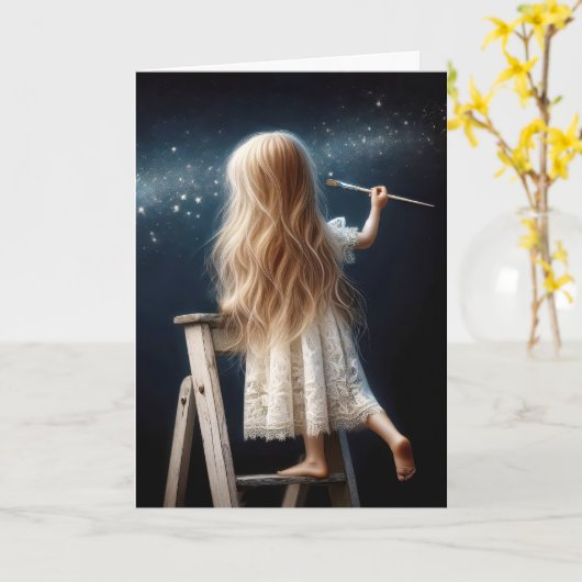 はしご上の絵を描小さな女の子 カード (黄色い花)