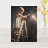 はしご上の絵を描小さな女の子 カード (黄色い花)