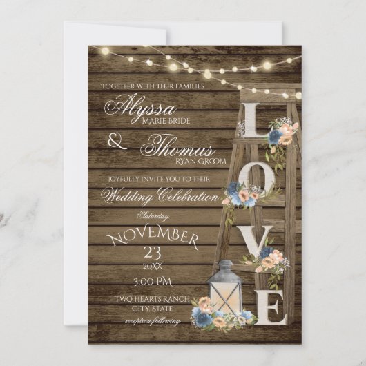 はしご素朴とライトヴィンテージブルーラブ結婚ズ 招待状 (正面)