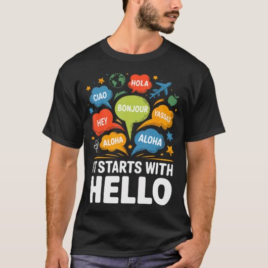 はじまりは挨拶から 友情 教師 包括性 Tシャツ (正面)
