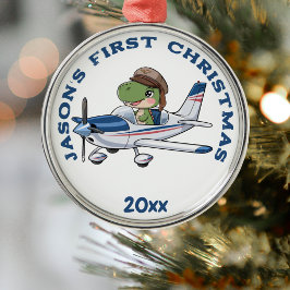 はじめてのクリスマスの飛行機と恐竜のパイロット オーダーメイド メタルオーナメント