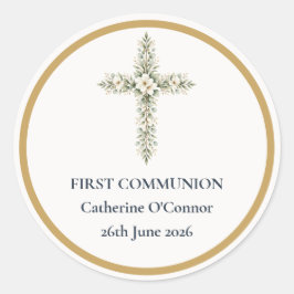 はじめての聖餐フラワークロスラウンドステッカー ラウンドシール