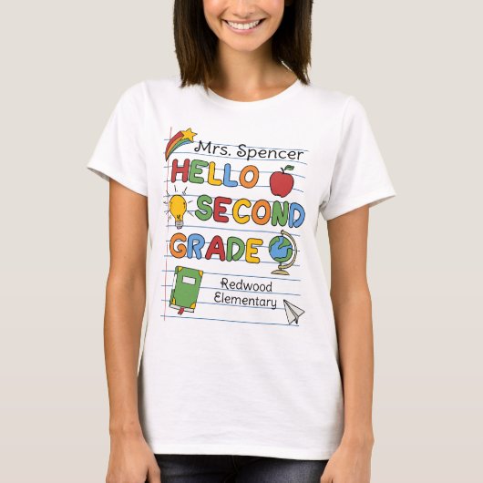 はじめまして2年生 学校のノートと落書き Tシャツ (正面)