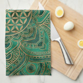 はすの生命の花-マラカイトおよび金ゴールド キッチンタオル (四つ折り)