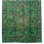 はすの生命の花-マラカイトおよび金ゴールド シャワーカーテン (正面)