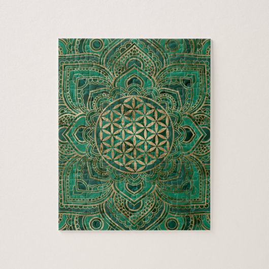 はすの生命の花-マラカイトおよび金ゴールド ジグソーパズル (縦)