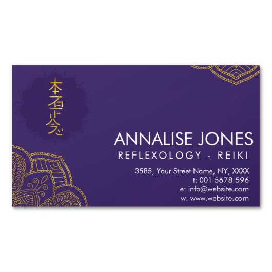 はすの紫色の金霊気の治療の記号 マグネット名刺 (正面)