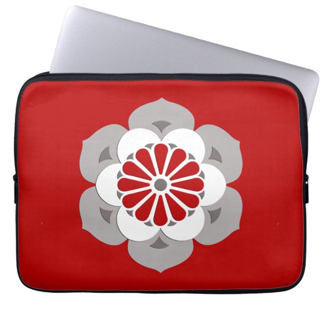 はすの花の曼荼羅、えんじ色、灰色および白 ラップトップスリーブ (正面)