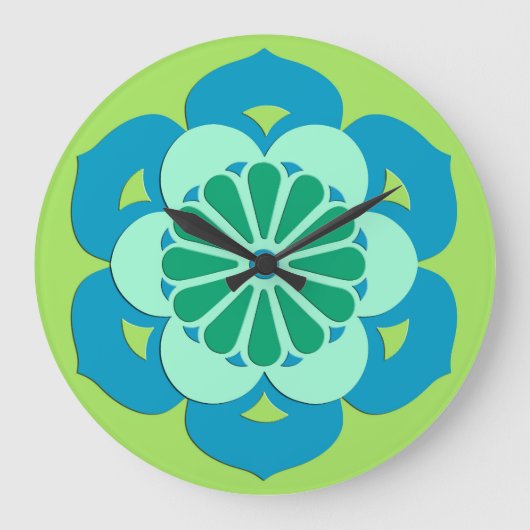はすの花の曼荼羅、ライムグリーンおよび淡いブルー ラージ壁時計 (正面)