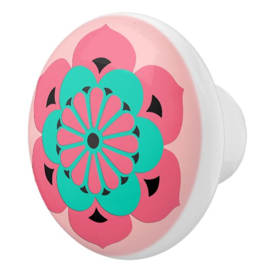 はすの花の曼荼羅、珊瑚のピンクおよびターコイズ セラミックノブ (右)