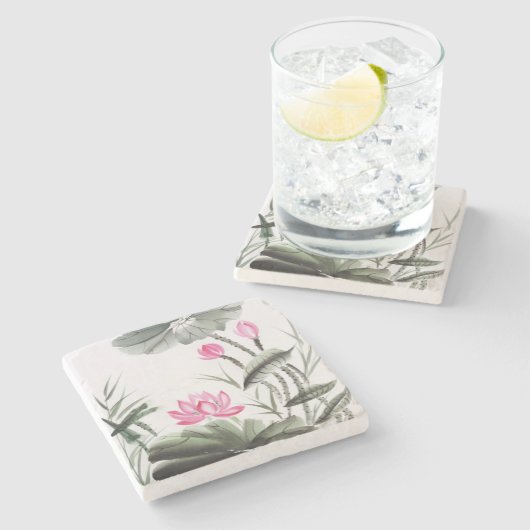 はすの花の水彩画の絵画 ストーンコースター (横)