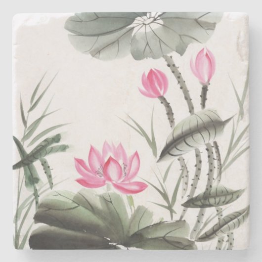 はすの花の水彩画の絵画 ストーンコースター (正面)