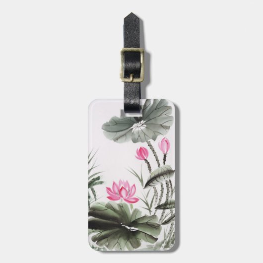 はすの花の水彩画の絵画 ラゲッジタグ (正面縦)