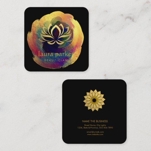 はすの花の金ゴールドの芸術のロゴの治療のヨガのホリスティック スクエア名刺 (正面/裏面)