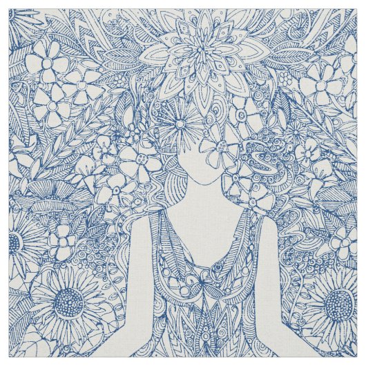 はす庭のヴィンテージの青いヨガの花柄 ファブリック (見本)