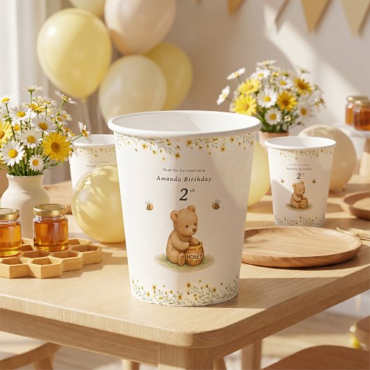 はちみつくまの花柄ベイビー 誕生日 紙コップ