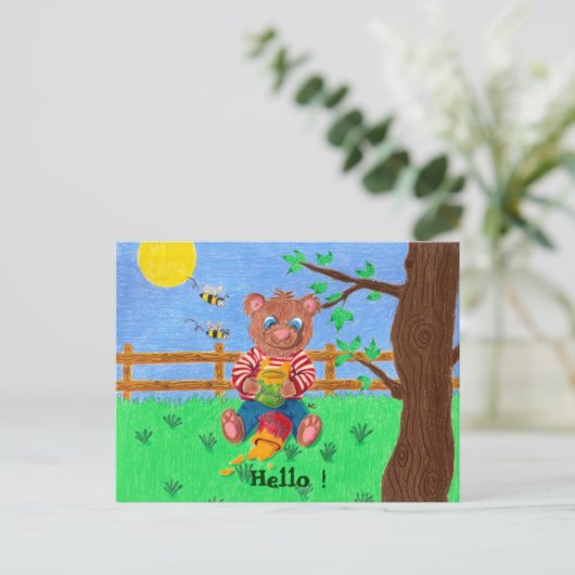 はちみつを持った小さなクマさん、こんにちは！ ポストカード (スタンド正面)