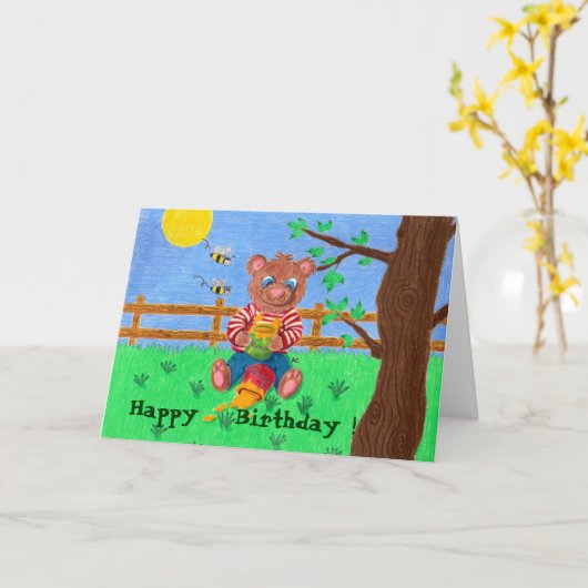 はちみつ子の誕生日カードを持つ小さなクマ カード (黄色い花)