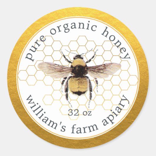 はちみつ瓶ラベル蜜蜂ハニカム金ゴールド ラウンドシール (正面)