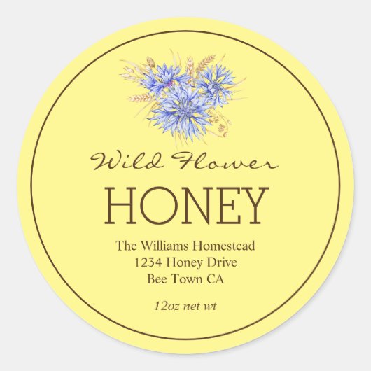 はちみつ瓶ラベル |コーンフラワー |養蜂場の名前 ラウンドシール (正面)