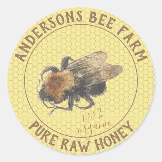 はちみつ瓶ラベル |ヴィンテージミツバチとハニカム ラウンドシール (正面)