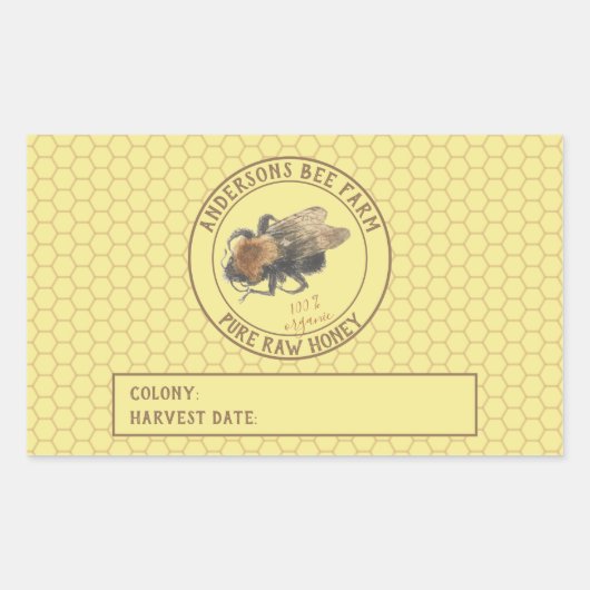 はちみつ瓶ラベル |ヴィンテージミツバチとハニカム 長方形シール (正面)