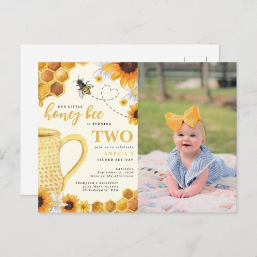 はちみつ蜂の水色ひまわり2ndバースデーフォト インビテーションポストカード (正面/裏面)