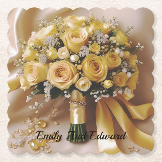 はちみつ黄色のバラ結婚の花束、 ペーパーコースター (正面)