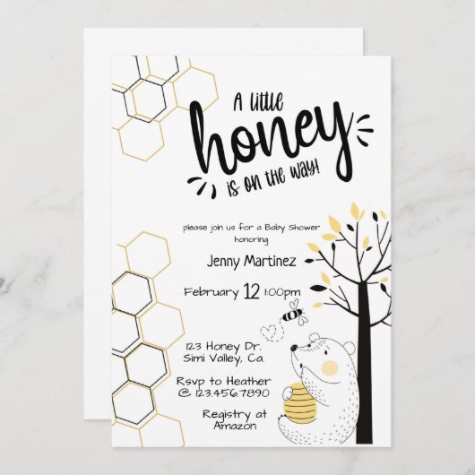 はちみつ、赤ん坊シャワー男女兼用。 招待状 (正面/裏面)